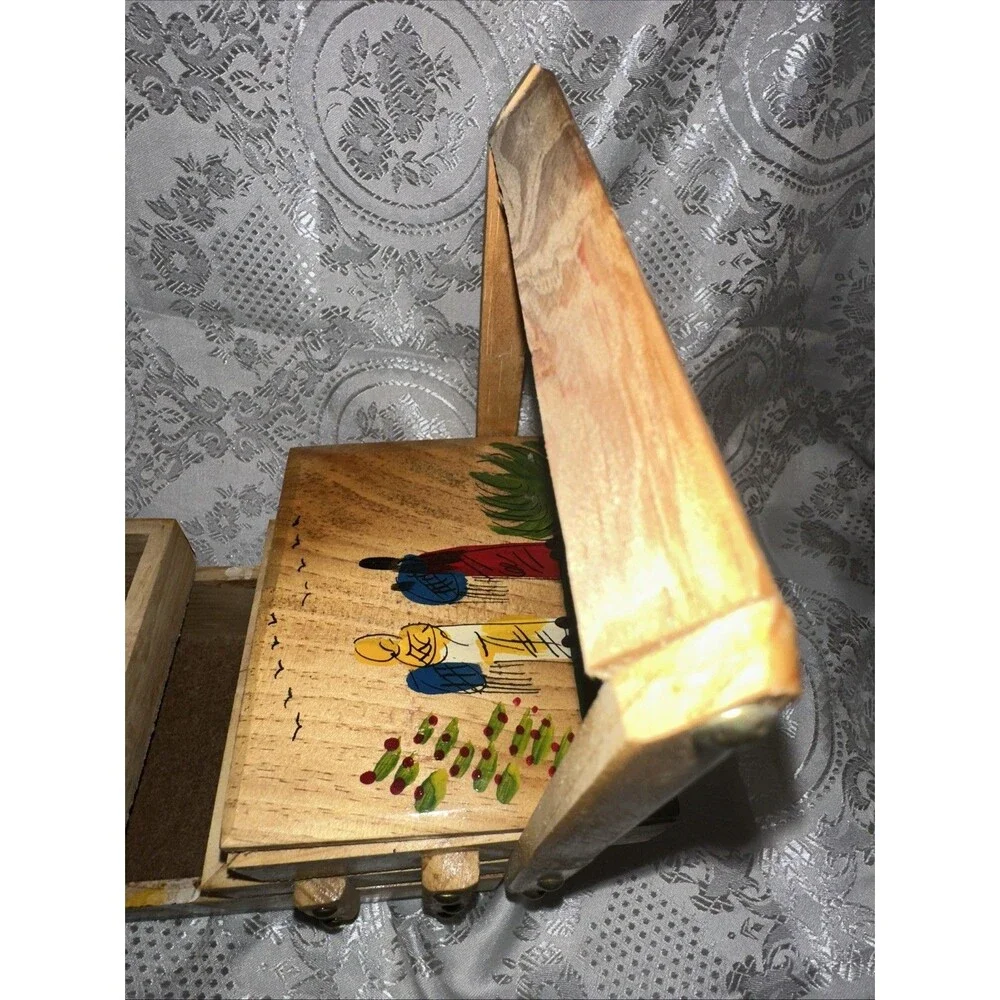 VTG Wood Fold-Out Sewing Box Hand Painted Mexico Double Handle Small 3 Tier